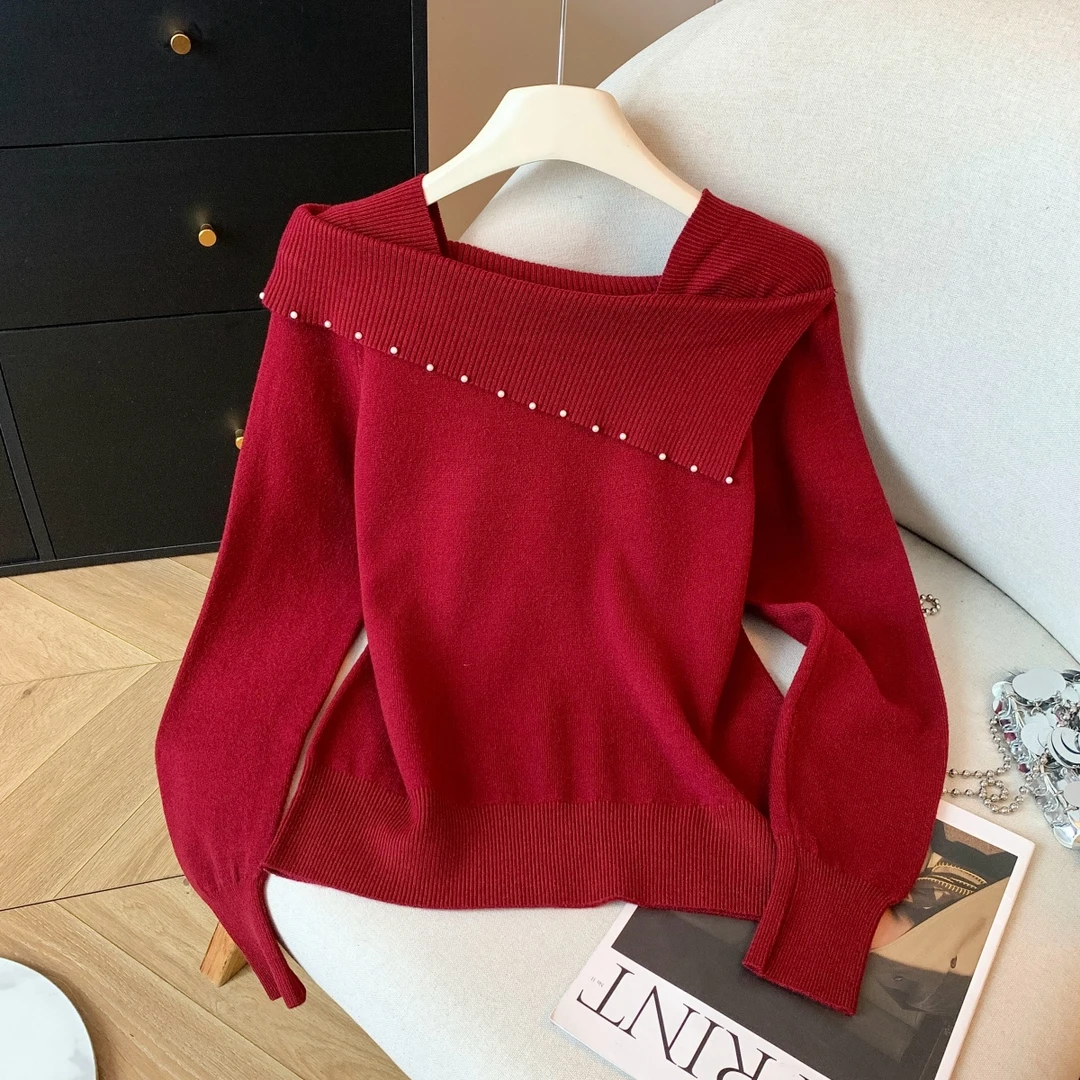 2025冬季法式显瘦减龄温柔钉珠荷叶边一字领纯色宽松软糯针织衫女