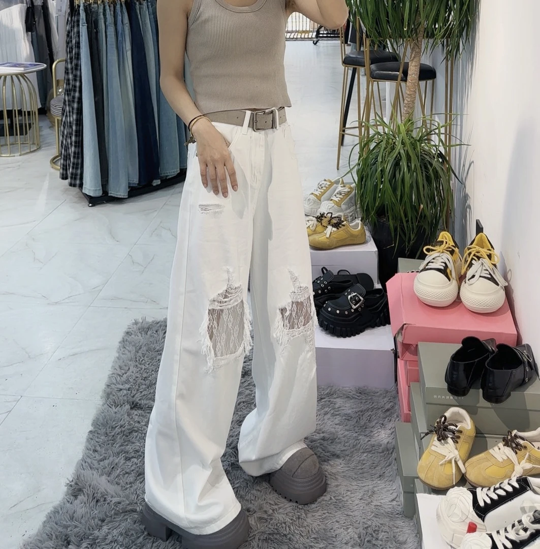 闺蜜女装白色牛仔阔腿裤洋气百搭款