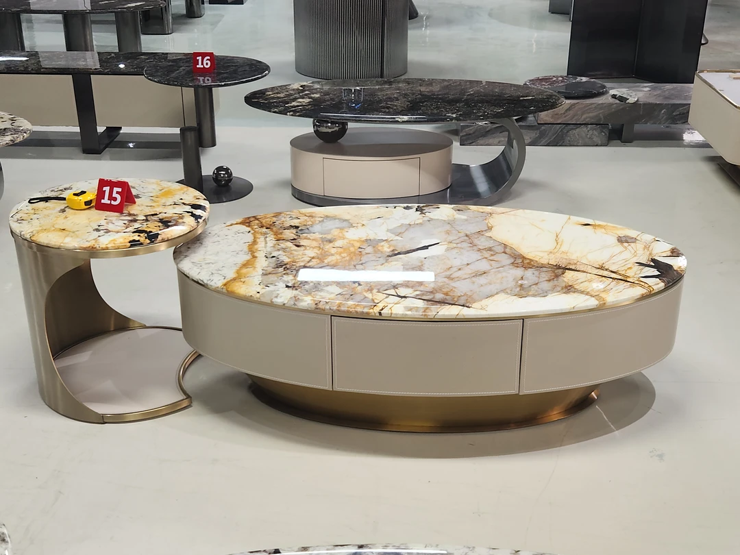 进口奢石茶几客厅家用新款意式椭圆形组合大容量抽屉储物茶台