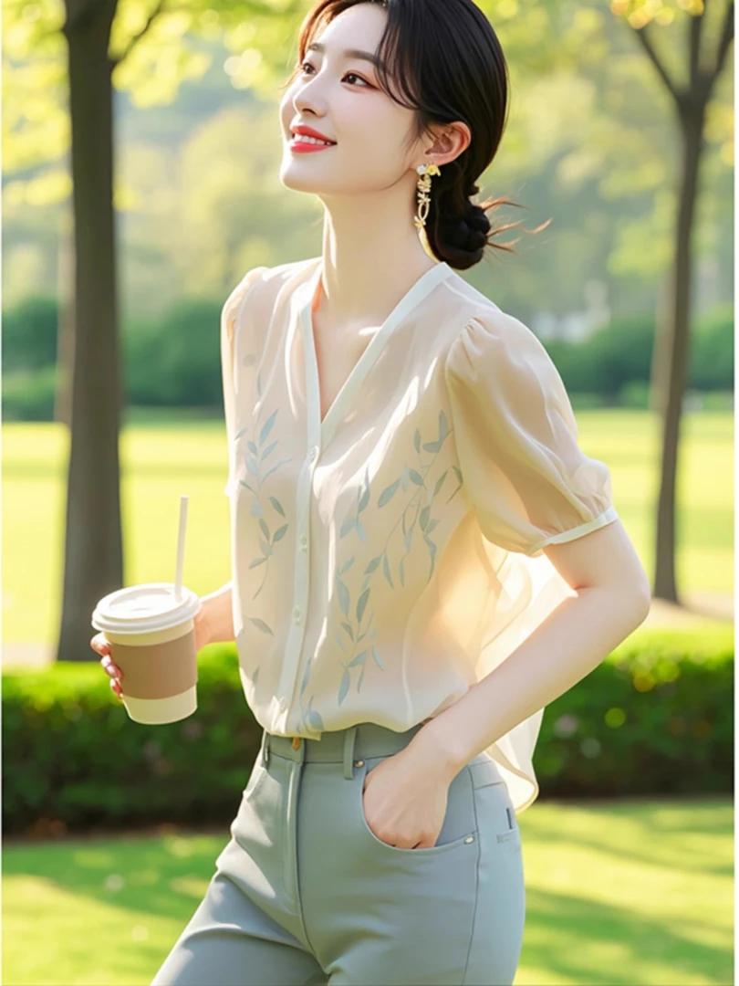 韩系漂亮配裙子的洋气小衫上衣轻熟女款法式时尚小众衬衫短袖女夏