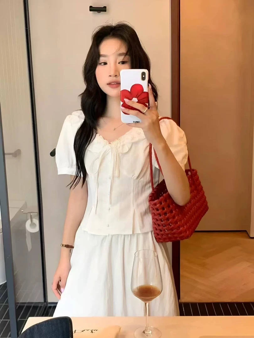 大码减龄套装花边短袖a字半裙两件套女夏季胖mm显瘦搭配一整套装