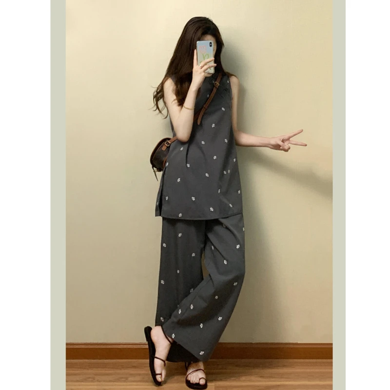 国风中式灰色套装女夏季重工碎花刺绣中长款无袖背心阔腿裤两件套