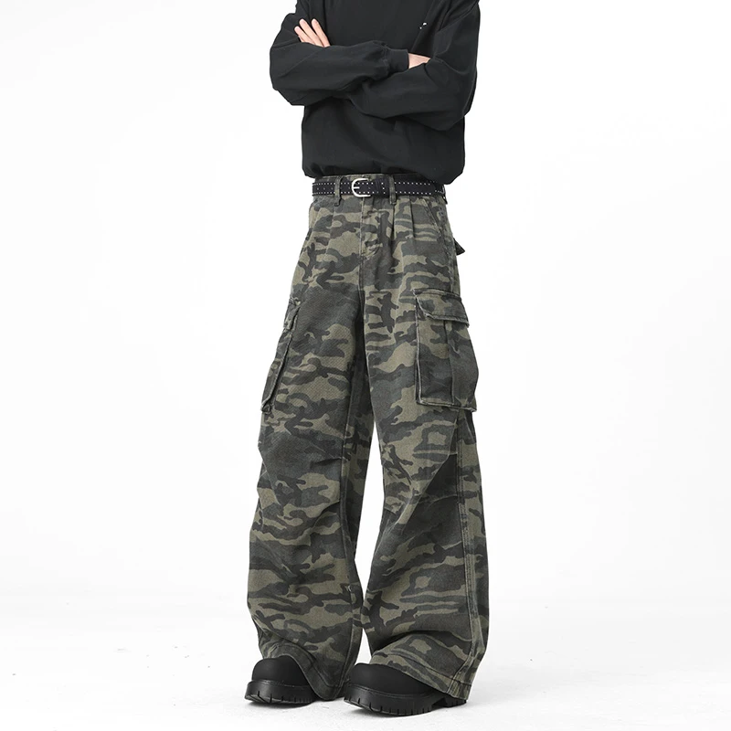 美式vintage工装迷彩裤男款春秋高腰垂感vibe裤子潮牌阔腿直筒裤