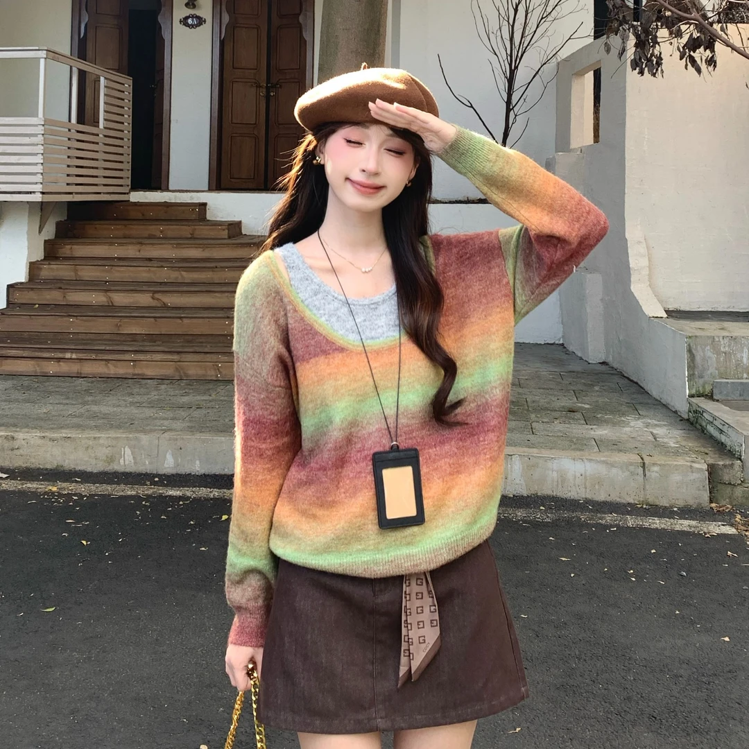 慕兔法式宽松显瘦假两件针织衫女2025秋季新款百搭别致设计感上衣