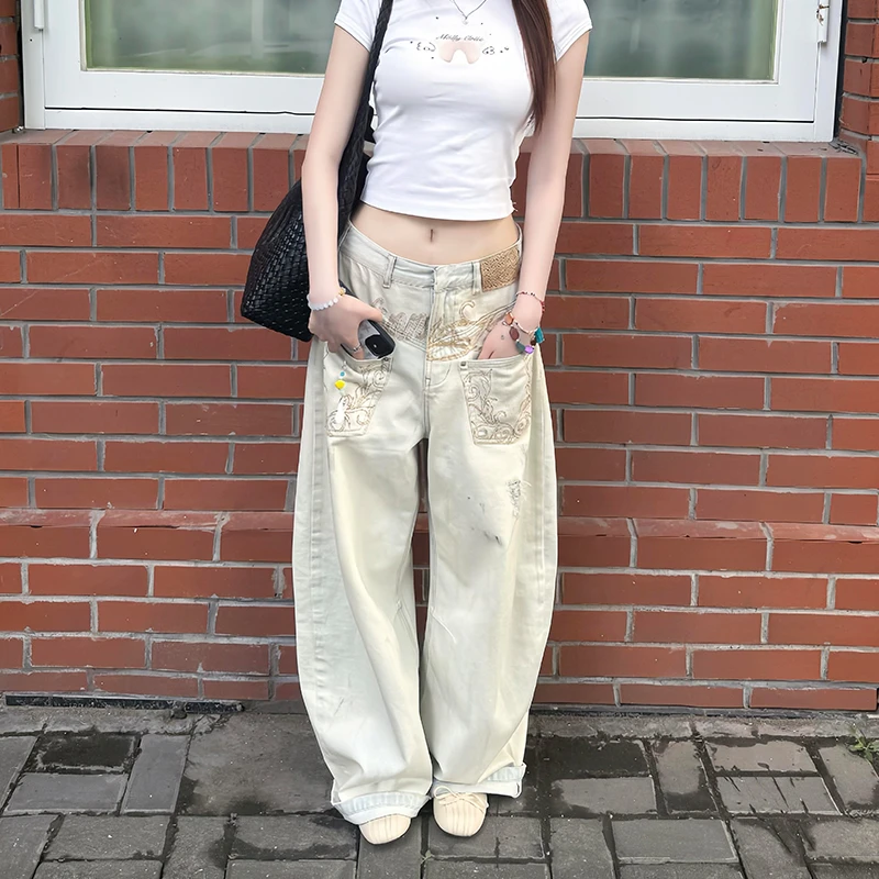 美式辣妹设计感个性刺绣牛仔裤女秋季款高个子错位口袋百搭弯刀裤