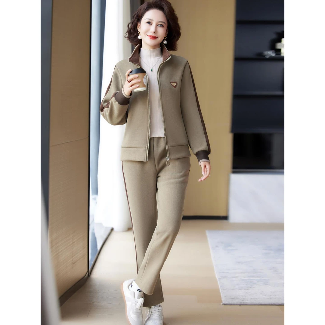 妈妈秋冬装运动服套装中老年女时尚洋气卫衣外套休闲加绒两件套40