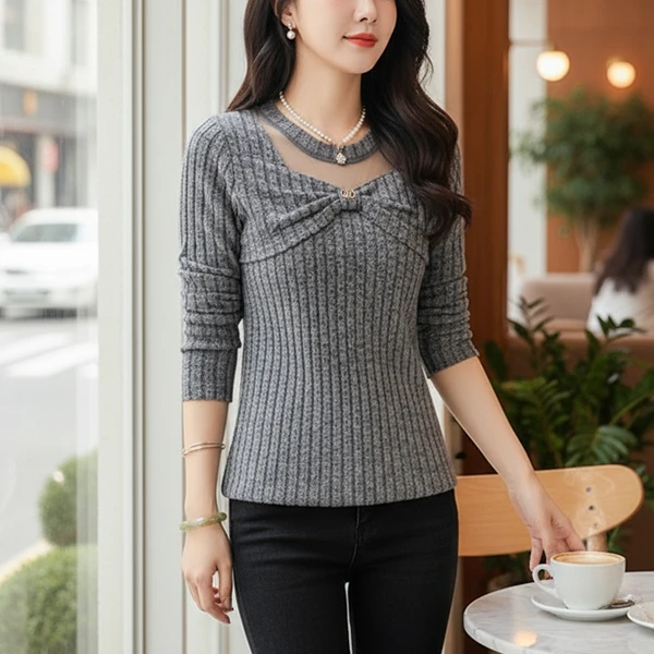 时尚洋气修身型花边设计长袖打底衫女秋冬新款减龄百搭上衣