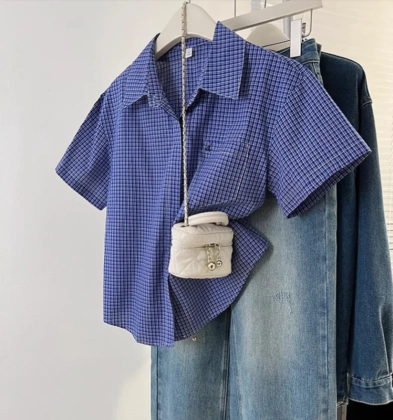 衬衫女蓝色格子短袖开衫夏季2025新款百搭小众衬衣宽松休闲上衣潮