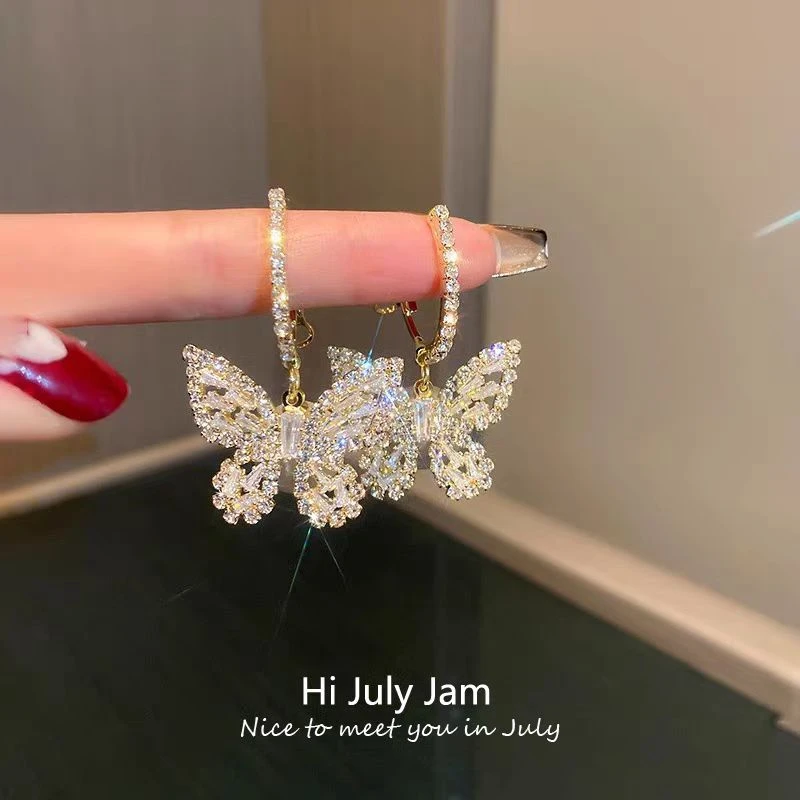 合金锆石耳饰 铜合金耳饰 蝴蝶耳环高级感轻奢满钻大气款耳坠气质