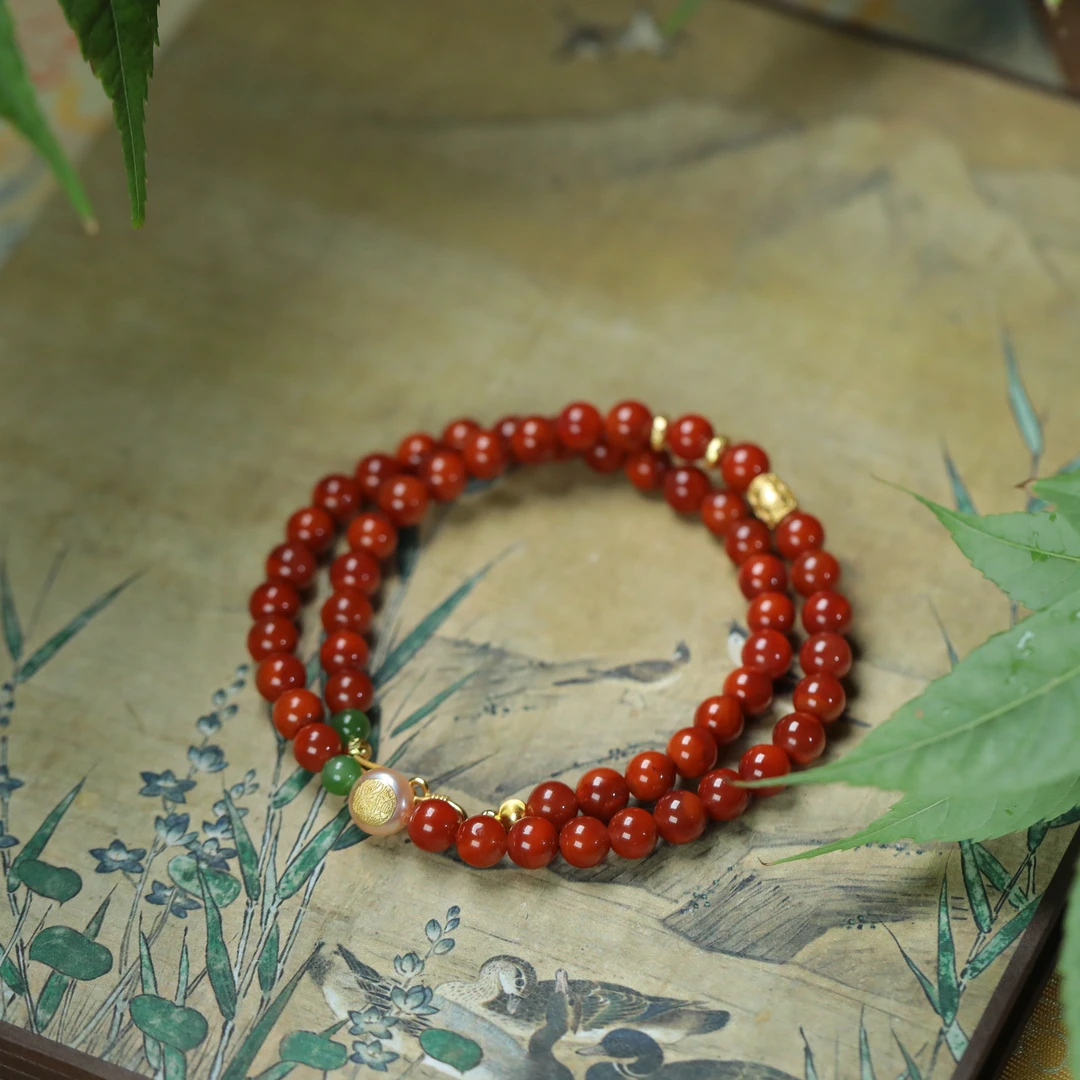 【荔影摇红】南红*项链*S925银镀金百搭红色老型单圈女款时尚玉手串