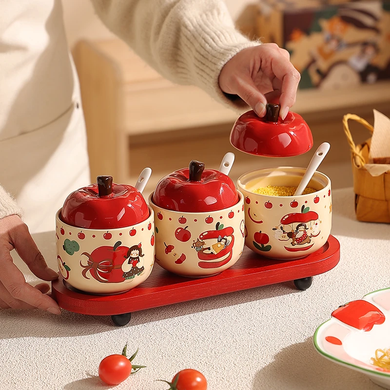 可爱陶瓷调味罐套装厨房放盐调料罐家用高级盐罐带托盘调味佐料罐