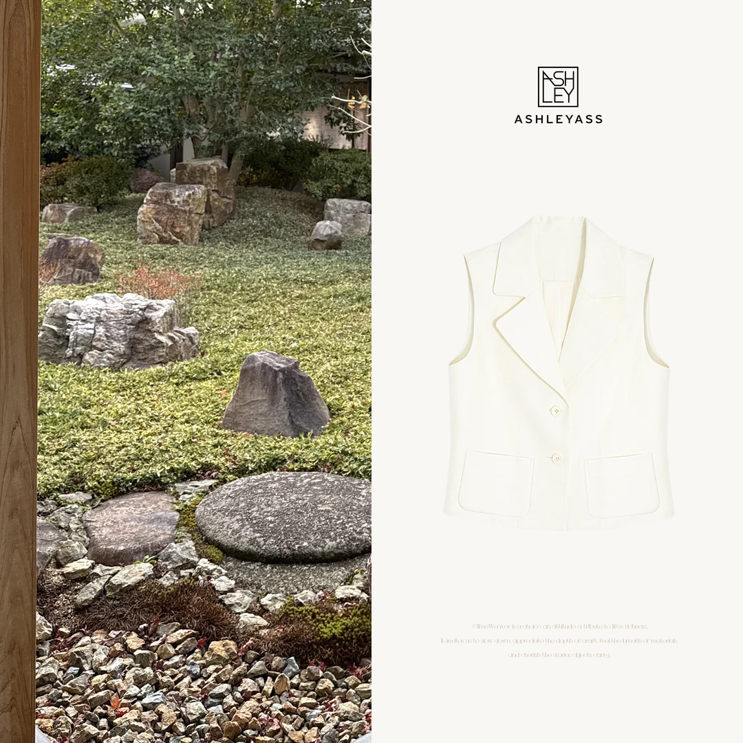 ashleyass“丝光马甲”洋气衣服女2粒纽扣西装领马甲LSS250425W