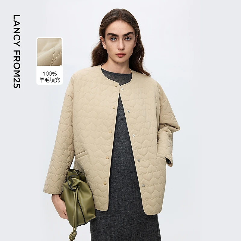 朗姿轻薄圆领宽松设计感棉服经典简约高级保暖棉衣2025年冬季新款