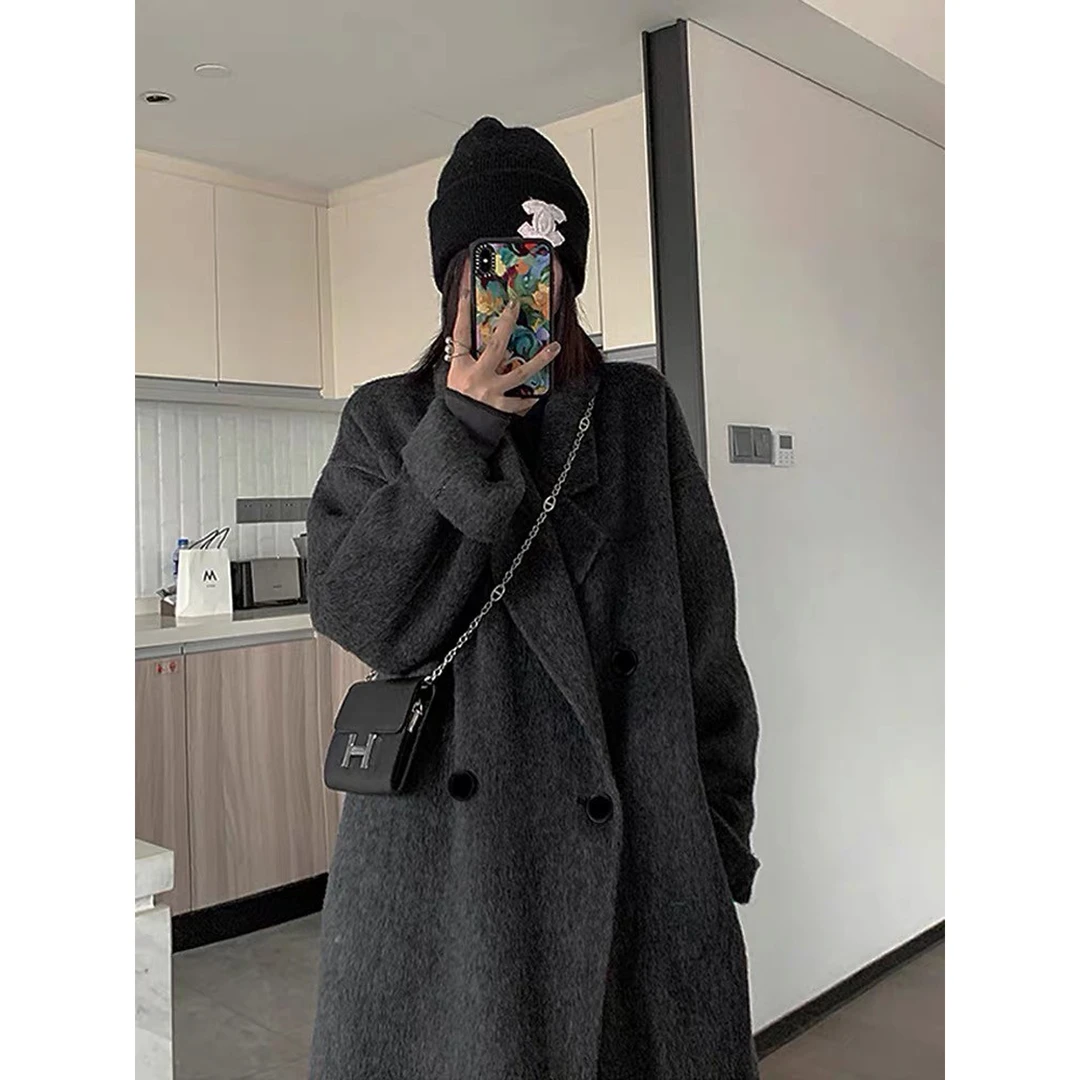 真羊毛!黑灰色双面羊毛羊绒呢子大衣女2025秋冬新款高端毛呢外套