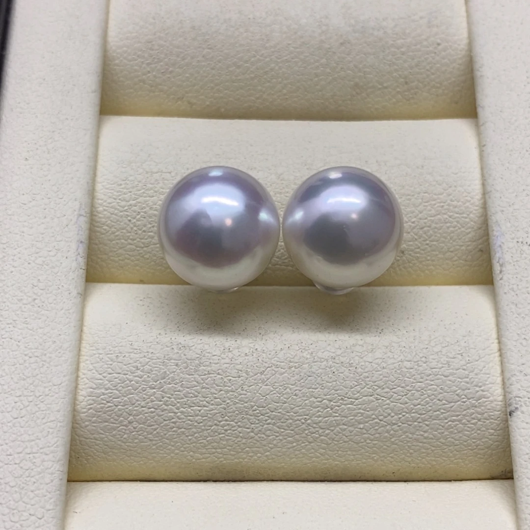 18K金镶嵌耳饰海水珍珠澳白宝石光11-12m m