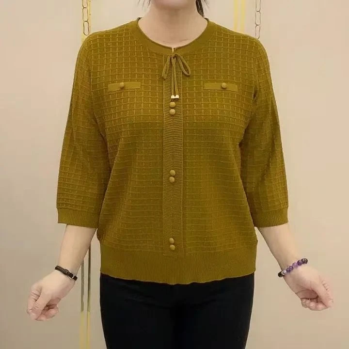 妈妈装七分袖针织衫上衣女减龄新款中老年人宽松大码时尚打底衫女