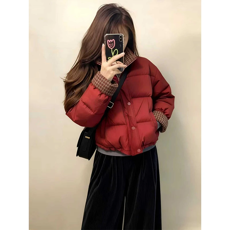 红色格子翻领棉服外套女冬季新款韩系短款面包服设计感阔腿裤套装