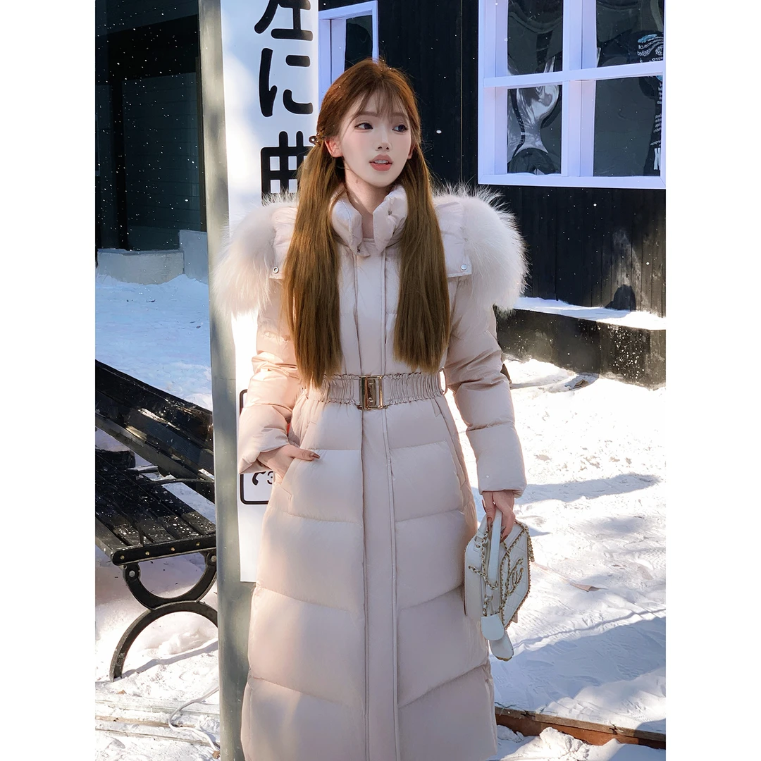 冰冰来了【静奢美学】 貉子毛大毛领收腰连帽羽绒服中长款外套27350