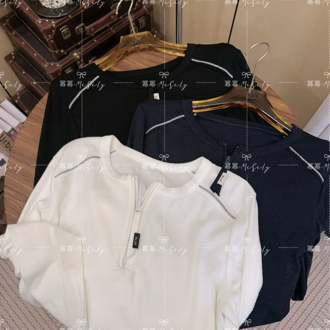 【初秋】2025秋季新款设计感半拉链长袖t恤女显瘦宽松上衣