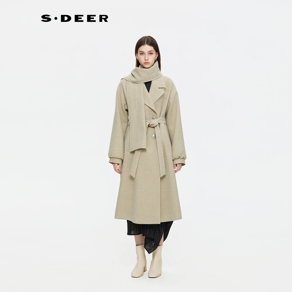 S·DEER圣迪奥女装秋季翻领纯色长款休闲风风衣外套轻奢时尚muji风