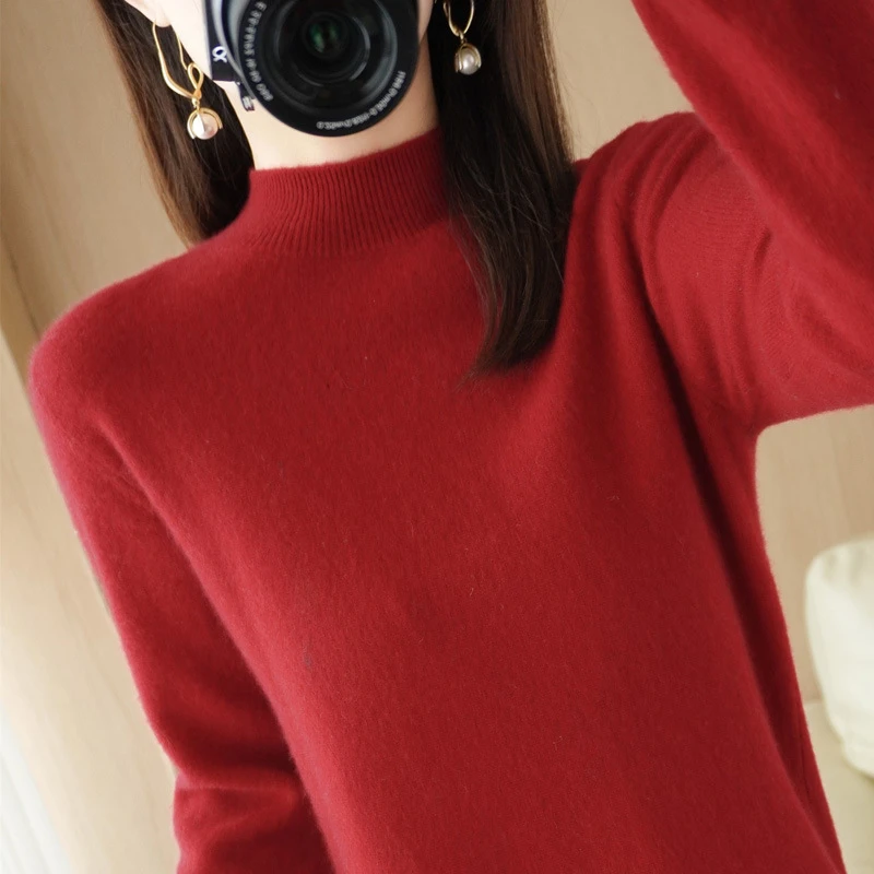 秋冬新款半高领毛衣女短款套头针织打底毛衫纯色长袖上衣简约百搭