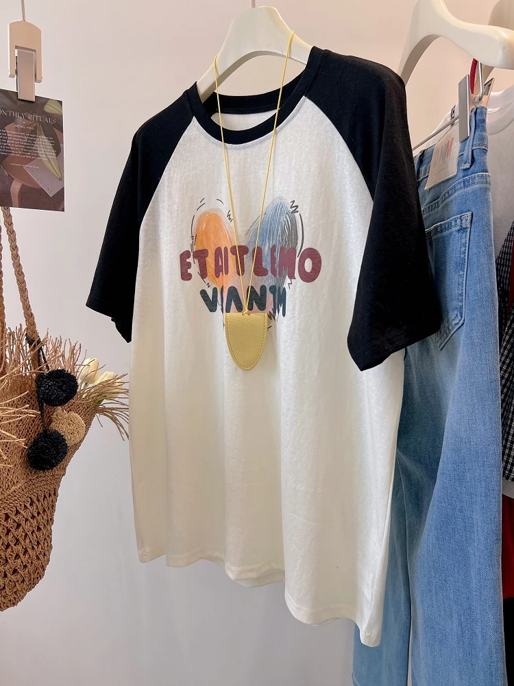 大码240斤夏季薄透款舒适雪花棉插肩袖t恤女短袖爱心印花宽松上衣