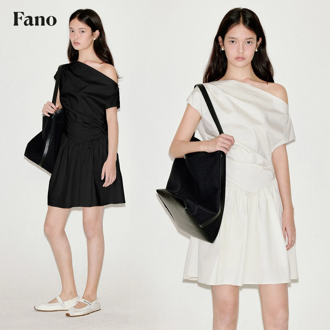 范洛Fano 设计感立裁捏褶结构造型感斜肩衬衫连衣裙夏女FQ25L008