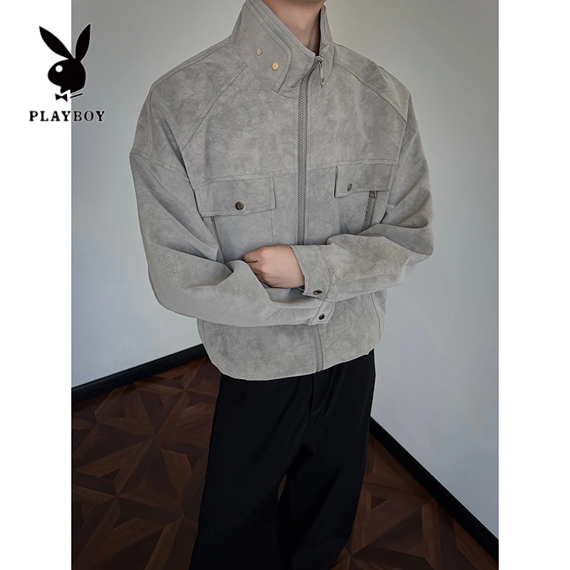花花公子美式皮衣外套男春秋款潮牌高级感痞帅立领麂皮绒工装夹克
