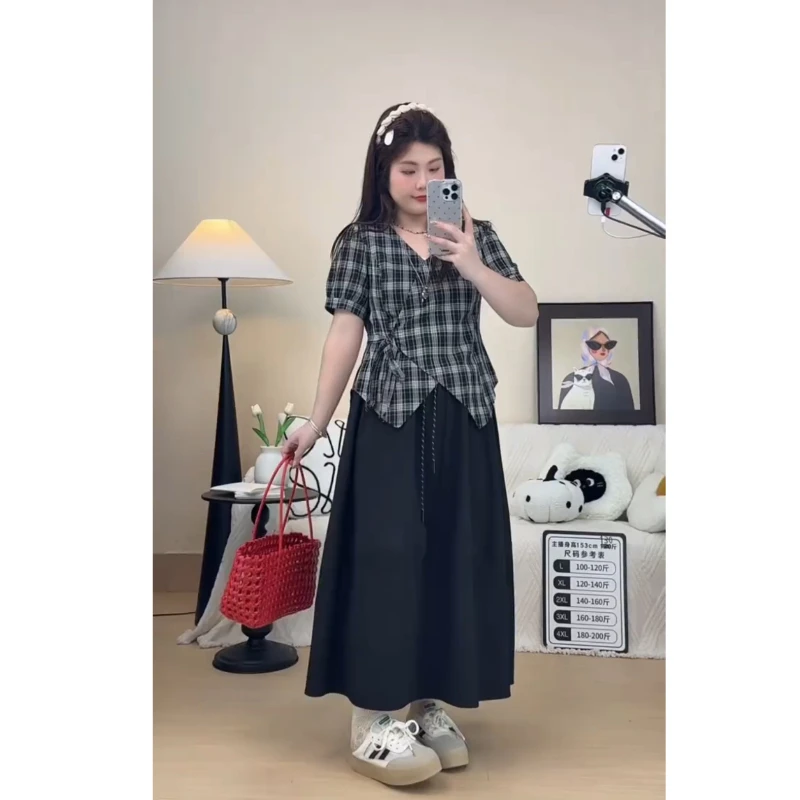 大码韩系设计感V领短袖休闲百搭格子衬衫系带收腰显瘦宽松上衣女