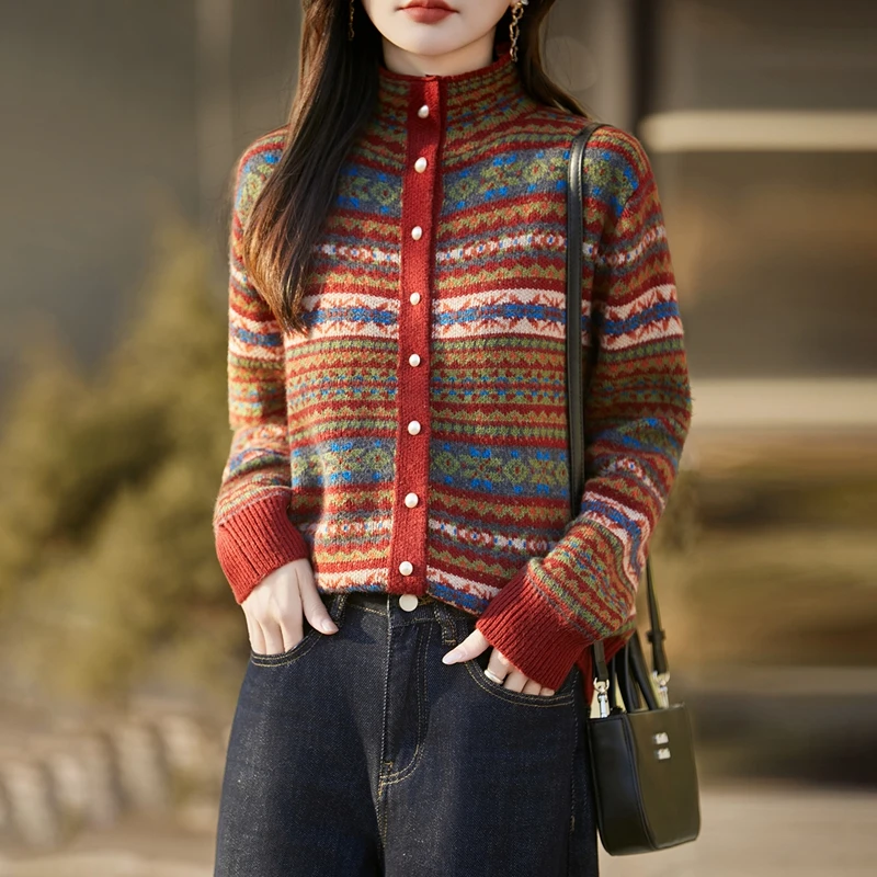 品牌长袖针织毛针织衫时尚复古秋冬百搭气质提花撞色宽松