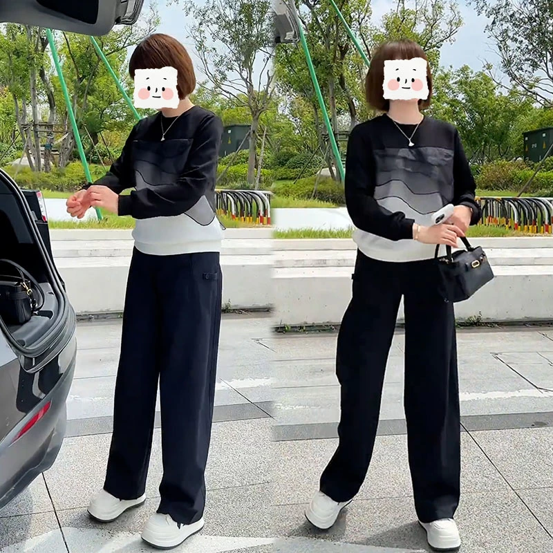 早秋设计感百搭立体花瓣网纱拼色长袖卫衣女搭配休闲阔腿裤两件套