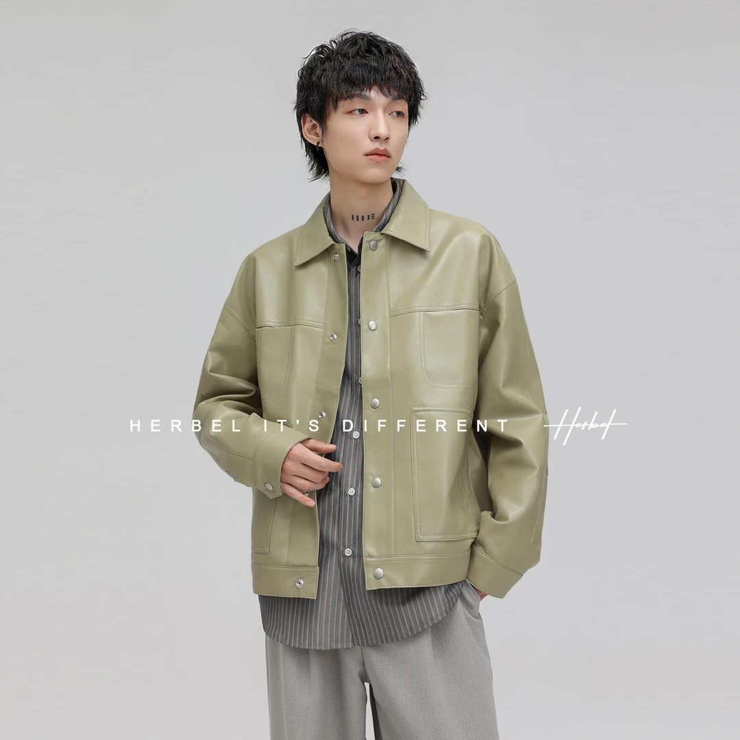 HERBEL/黑白2025春季时尚夹克外套简约皮夹克休闲亮色男士外套潮