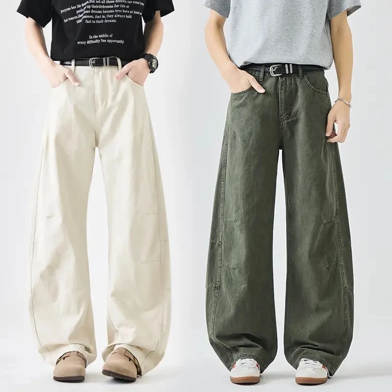 白色美式水洗弯刀牛仔休闲裤男宽松baggu版型垂感镰刀裤直筒透气