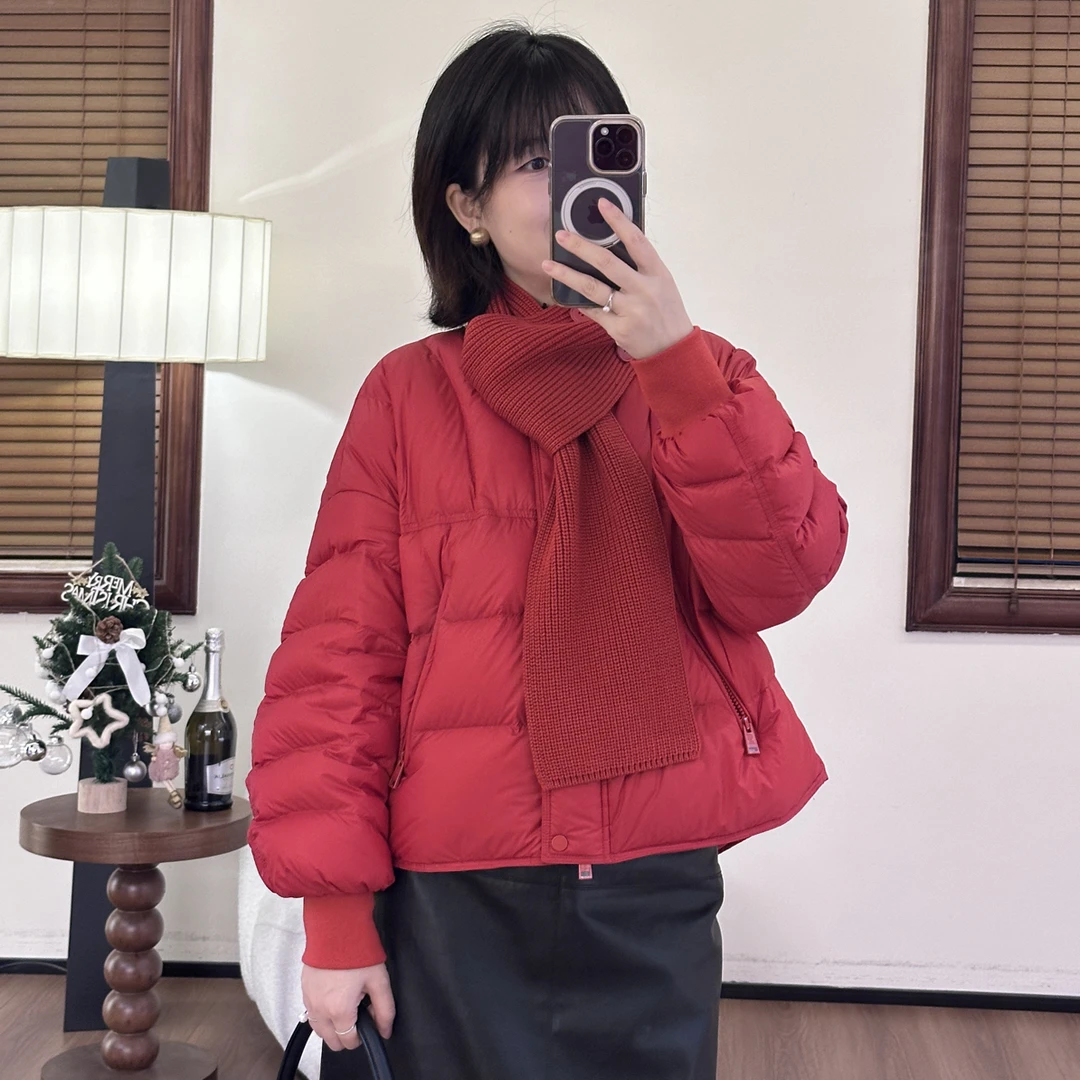 秋冬红色短款羽绒服-时尚休闲洋气红色短款围巾羽绒服1209