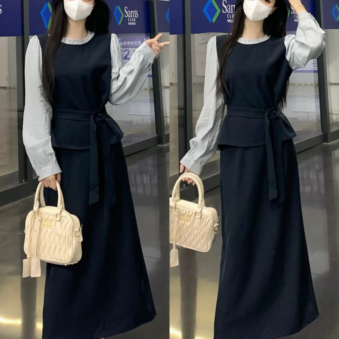 大码胖mm秋季新款气质A字半身裙圆领套头长袖假两件上衣两件套女