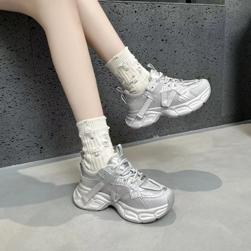 C4301  灰色  时尚厚底圆头系带女休闲运动老爹鞋