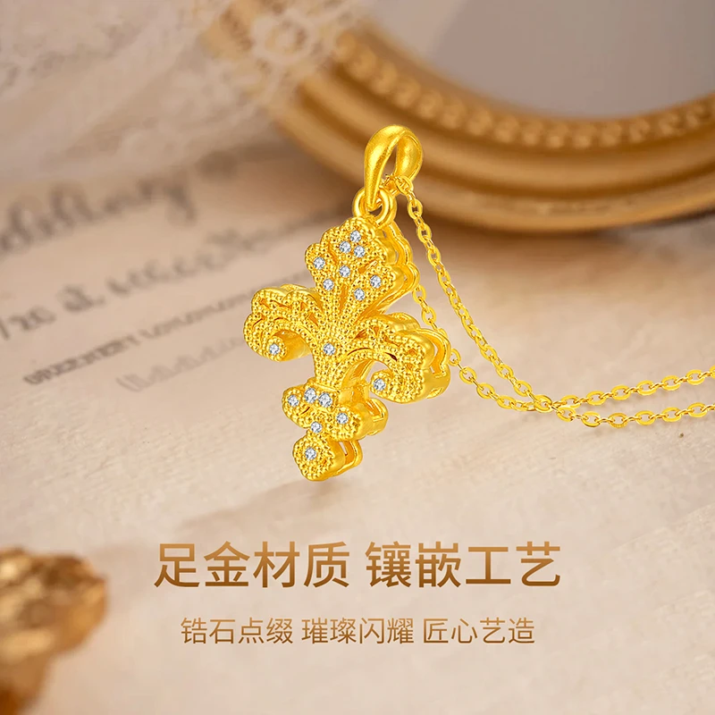 梦金园鸢尾花黄金吊坠女新款金刚杵镶嵌足金挂坠项链礼物送女友