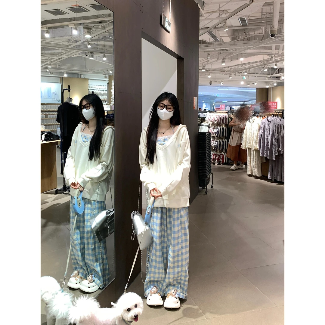 韩系蓝色格子条纹阔腿休闲裤女夏季新款百搭高腰宽松显瘦直筒裤子