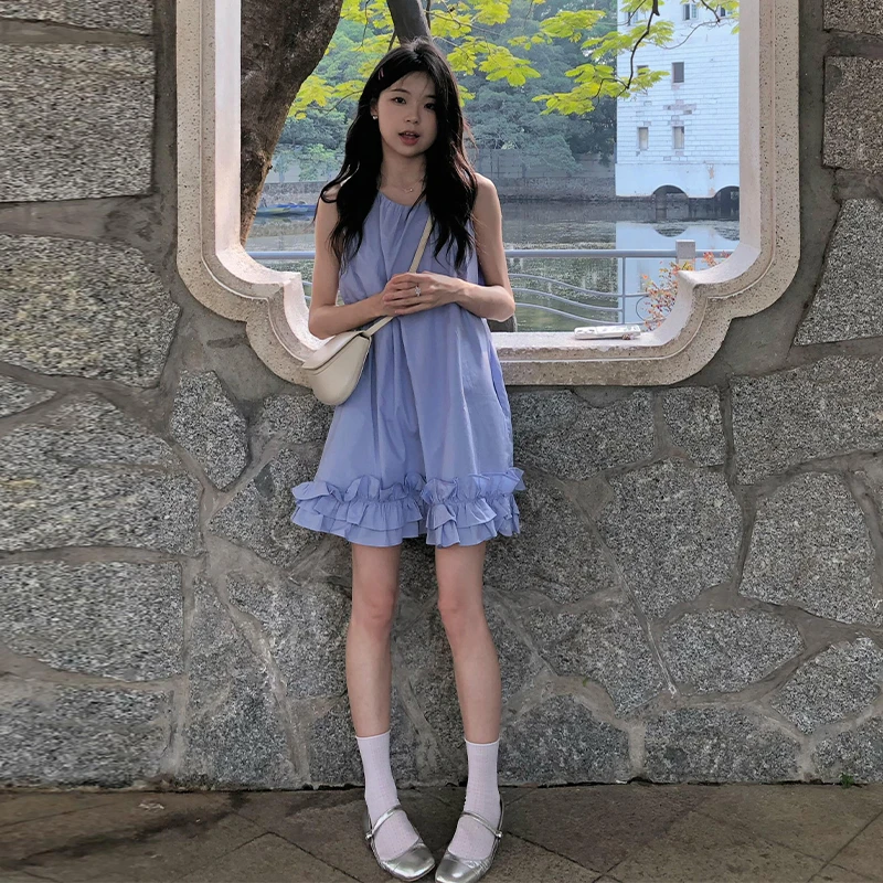 法式气质无袖背心连衣裙子女夏季2025新款设计感压褶荷叶边娃娃裙