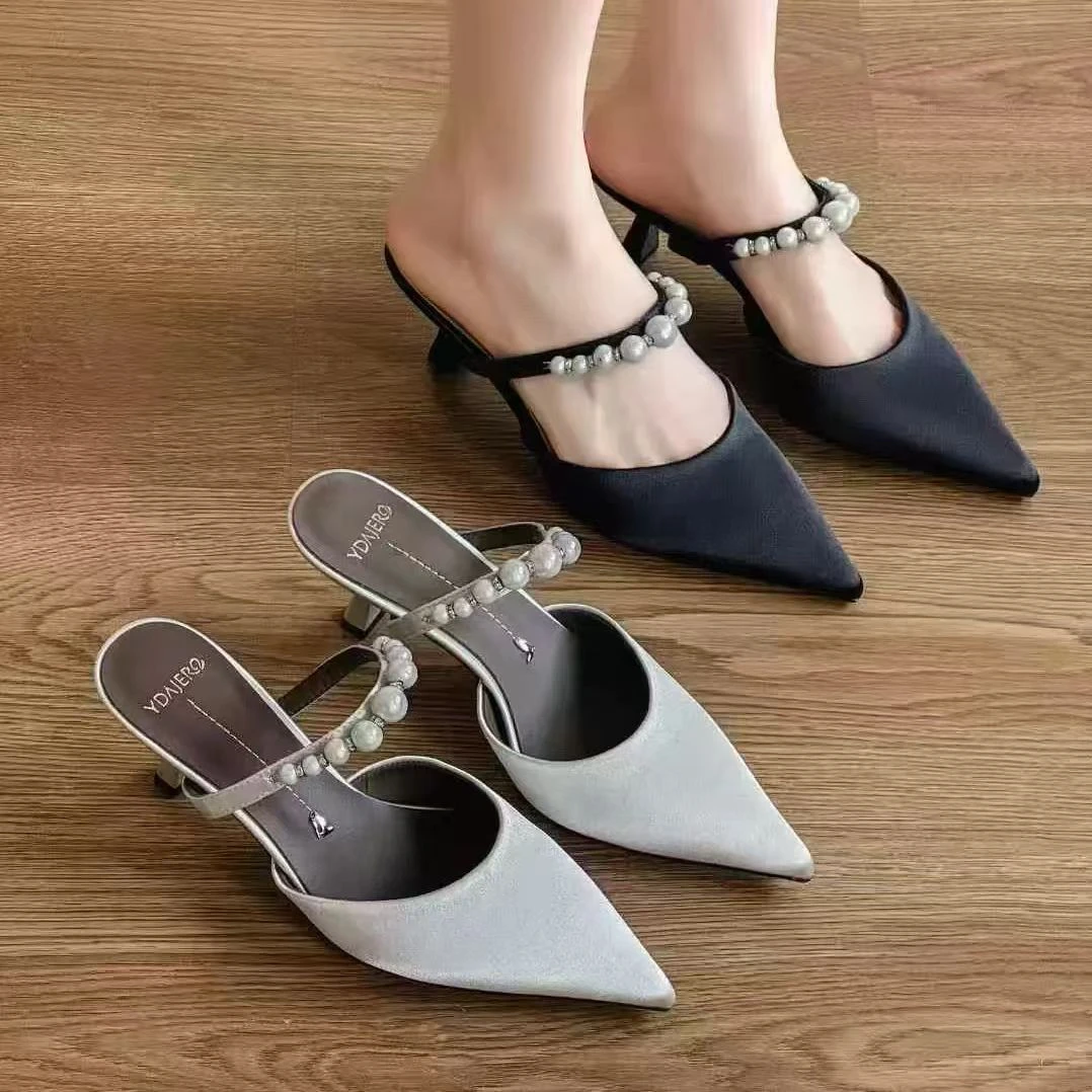 夏新款尖头浅口一字带凉鞋串珠细高跟鞋包头半拖鞋女CKW52015
