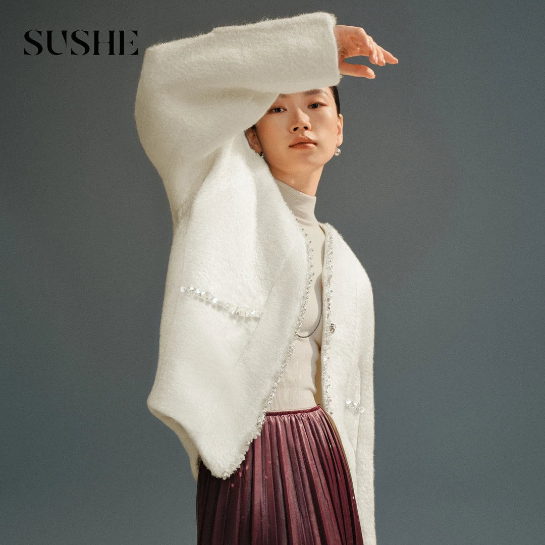 束皙SUSHE 【熙语】 千金玛德琳 拉毛羊绒羊毛珠片镶边保暖短外套