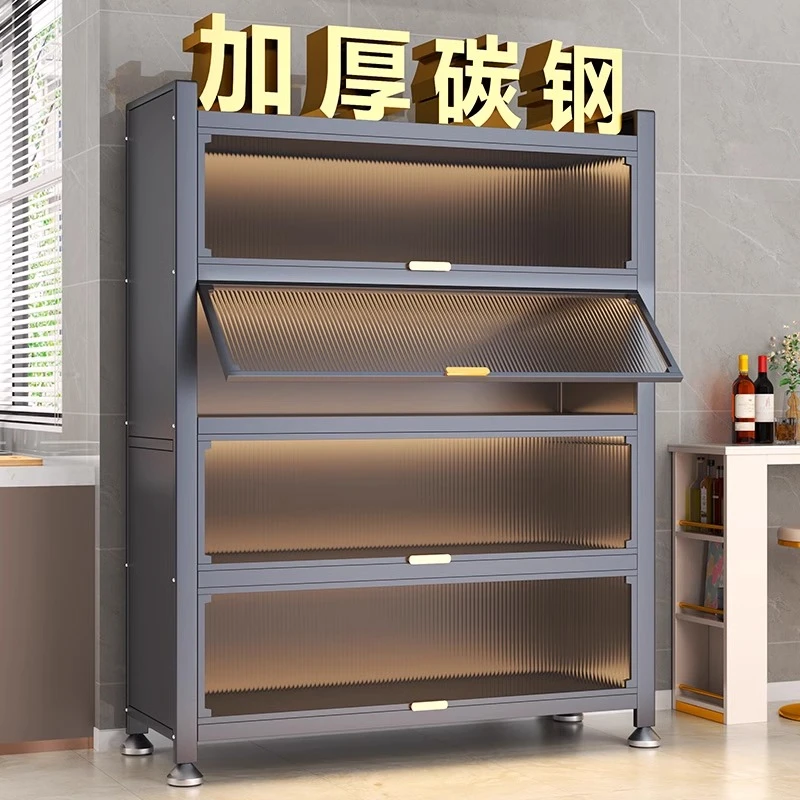 家用厨房落地钢制多层收纳柜微波炉多功能置物架带门防尘储物橱柜