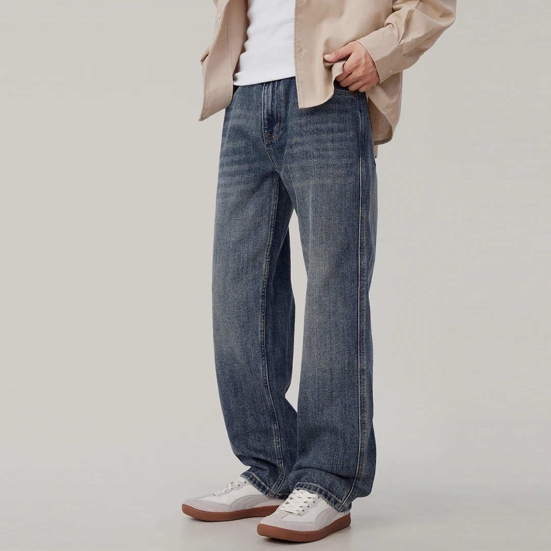 秋冬季美式潮牌宽松直筒牛仔裤男款高街复古水洗垂感拖地休闲长裤