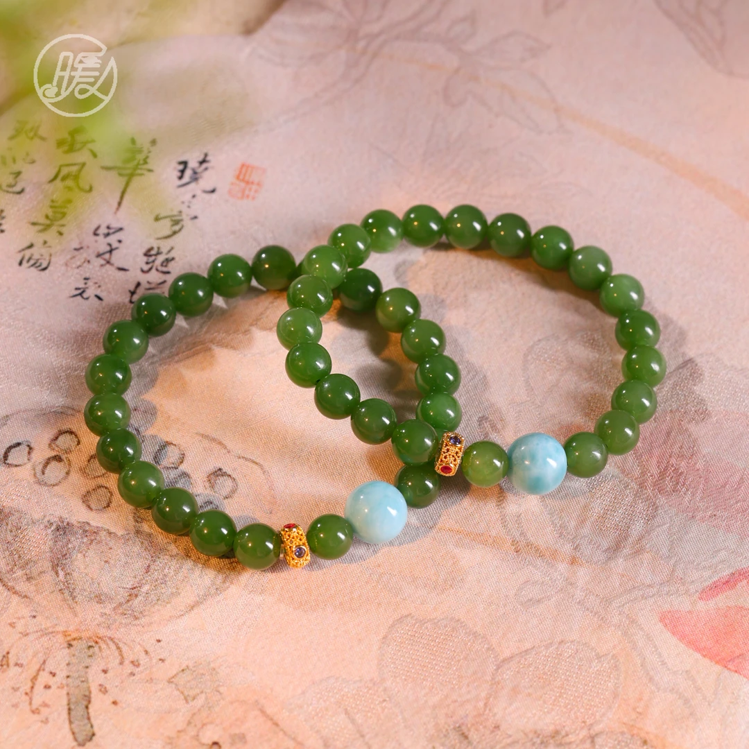 单圈和田玉碧玉手串8mm+搭配18k金配件海纹石手链A6725多样性发一