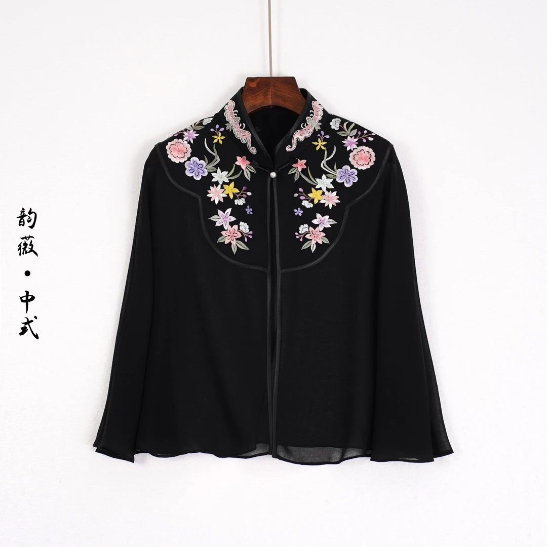 女士上衣中国风传统国风中式刺绣雪纺纱斗篷