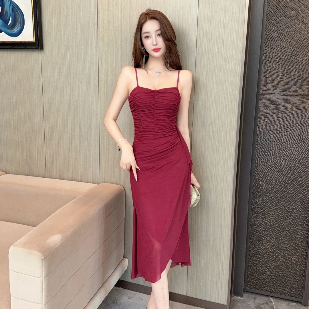 法式名媛气质时尚性感夜场网纱中长款吊带连衣裙收腰显瘦开叉夏季