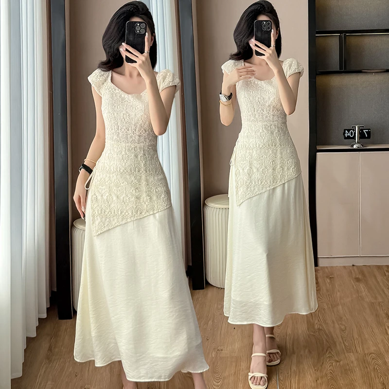 海边度假长款不规则连衣裙女夏2025新款高级感刺绣拼接假两件裙子