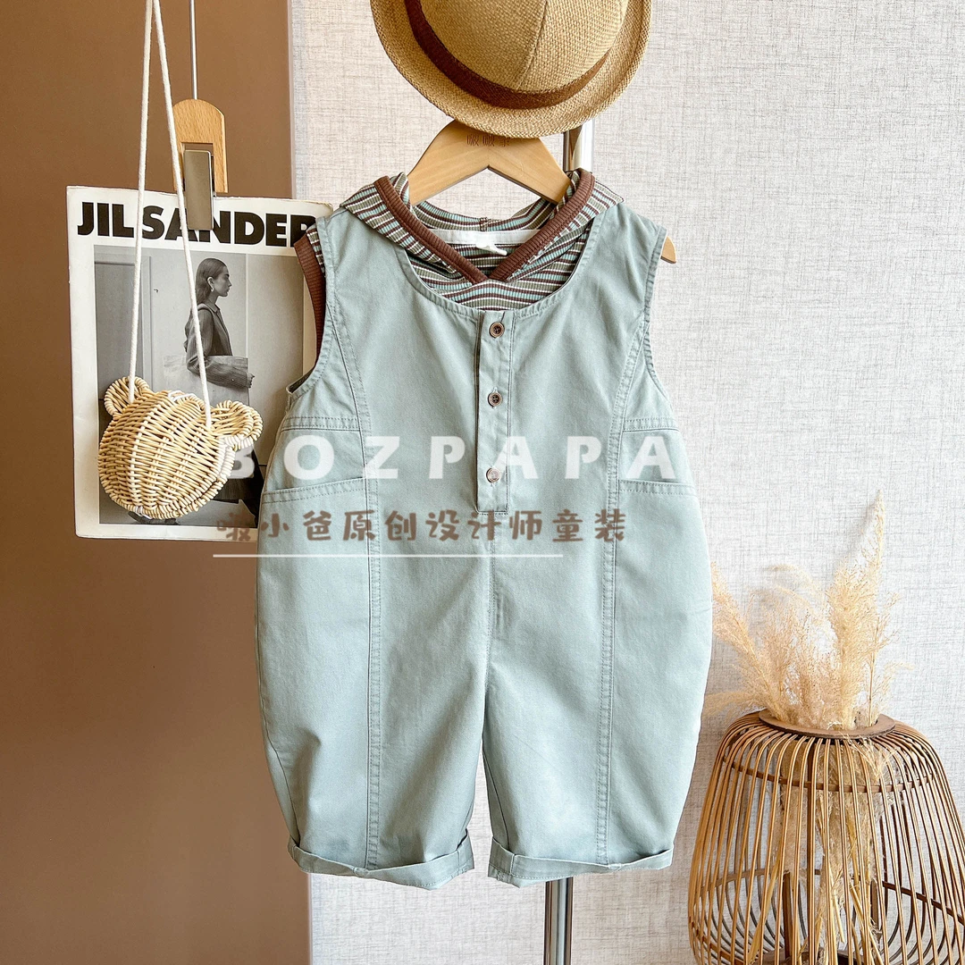 现货啵小爸【海滨条纹】2025夏季男童韩系休闲背带裤条纹背心套装