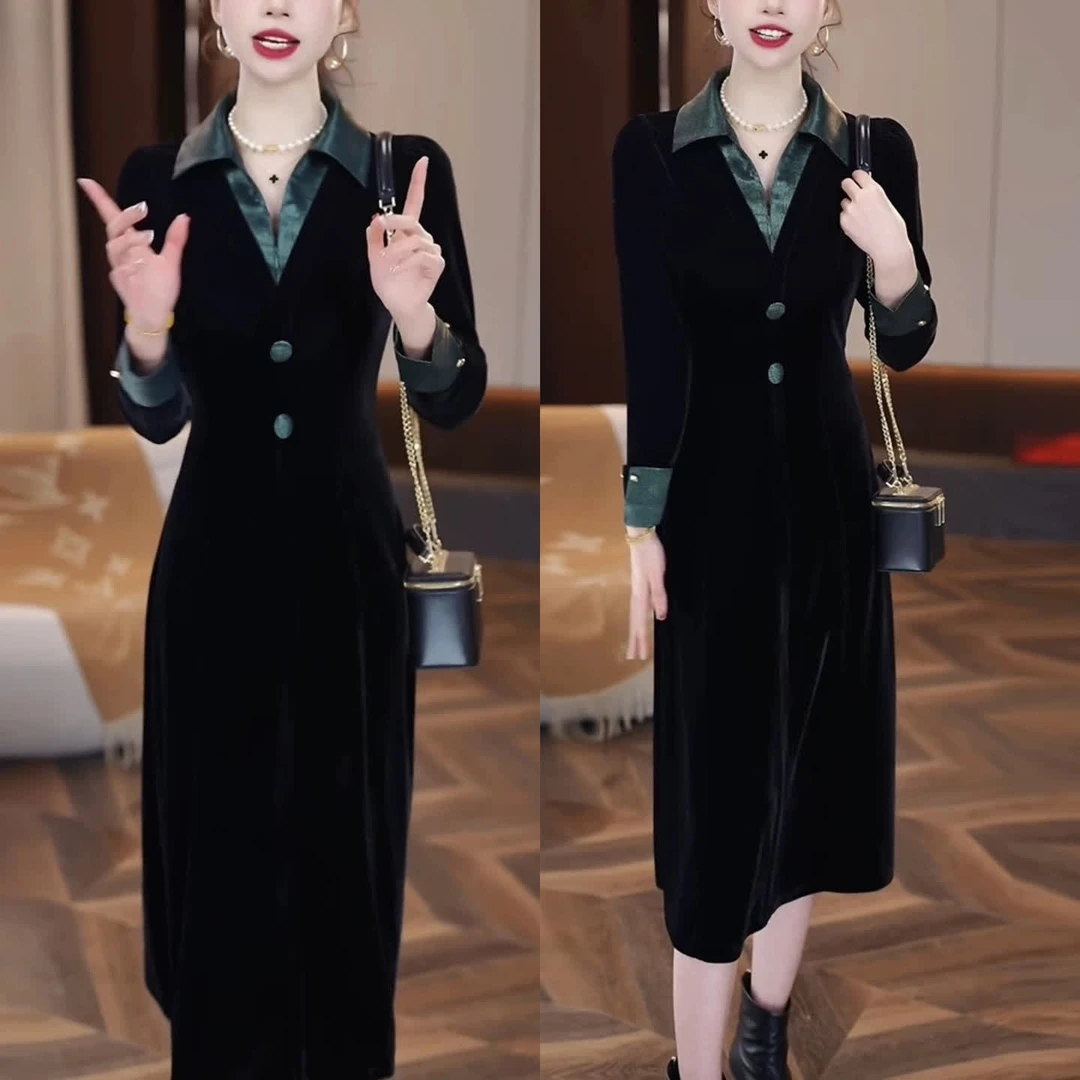 【衣雅严选】8088-1385新款重磅植绒拼接时尚款气质显瘦连衣裙