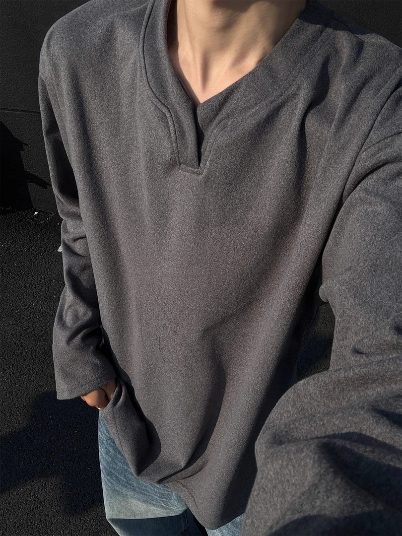 春秋新款重磅德绒V领长袖t恤男士秋冬cleanfit美式内搭打底衫卫衣